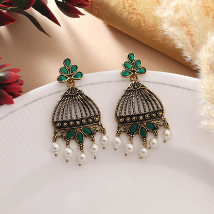 Green Color Oxidised Earrings With Engraved Floral Patterns For Ethnic Appeal