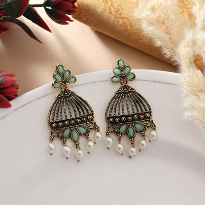 Light Green Color Oxidised Earrings With Antique Silver Finish For Classic Outfits