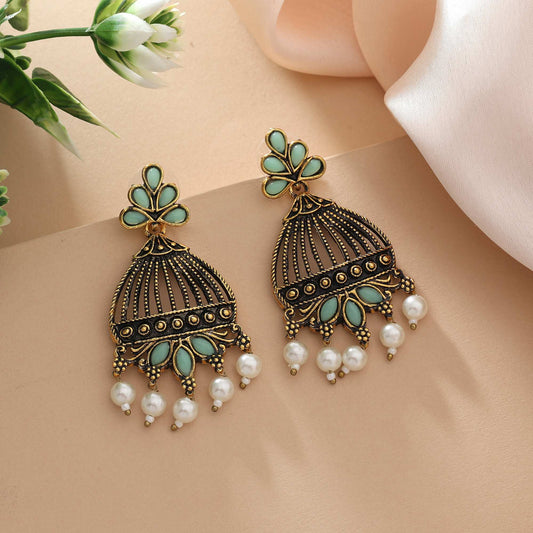 Light Green Color Oxidised Earrings With Antique Silver Finish For Classic Outfits