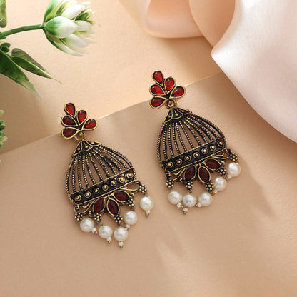 Maroon Color Oxidised Earrings With Royal Traditional Look And Carved Design