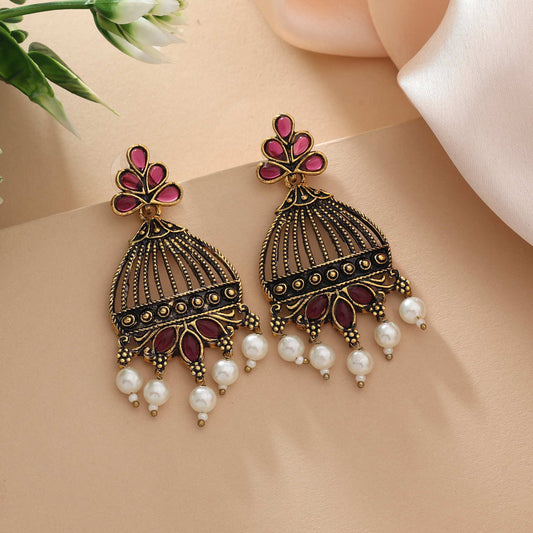 Purple Color Oxidised Earrings With Vintage Silver Touch And Handcrafted Design
