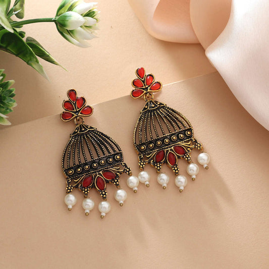 Red Color Oxidised Earrings With Artistic Craft Finish For Everyday Ethnic Style