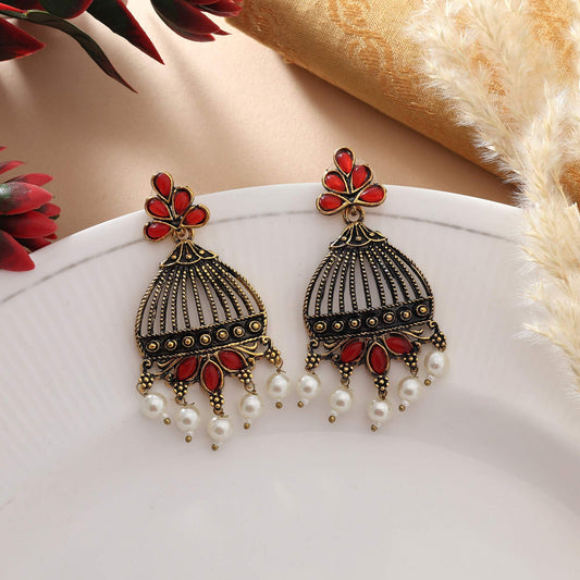 Red Color Oxidised Earrings With Artistic Craft Finish For Everyday Ethnic Style