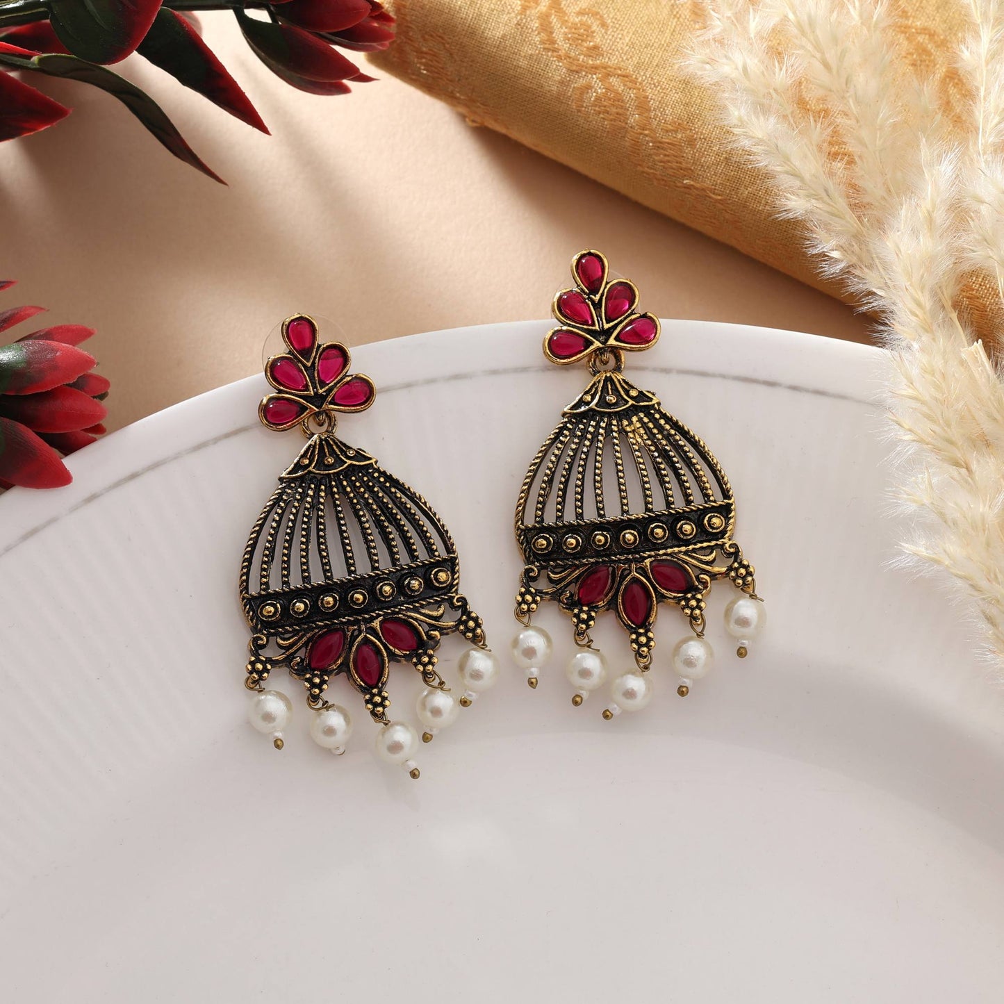 Rani Color Oxidised Earrings With Mirror Inlay And Tribal Style Pattern