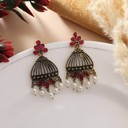 Rani Color Oxidised Earrings With Mirror Inlay And Tribal Style Pattern