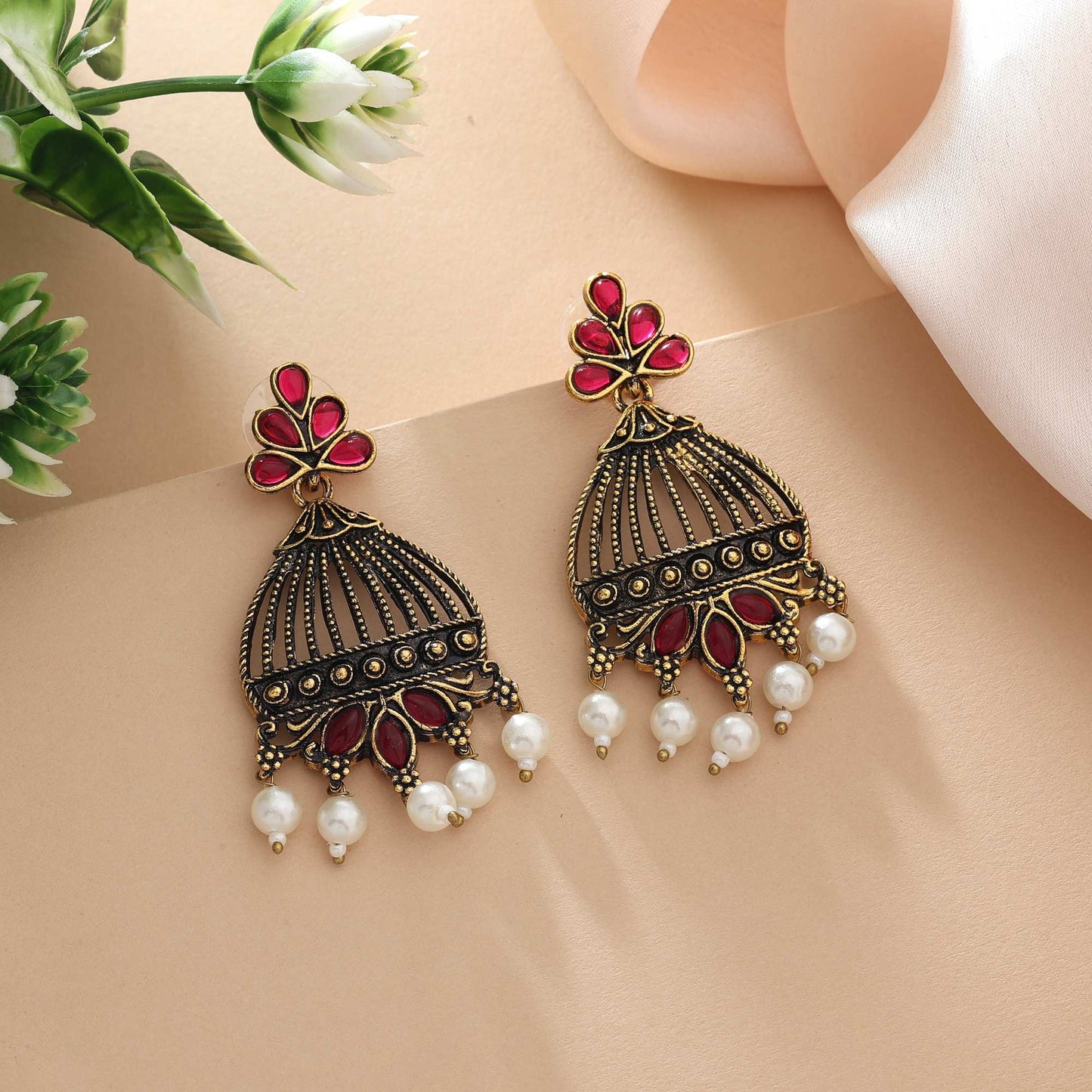 Rani Color Oxidised Earrings With Mirror Inlay And Tribal Style Pattern