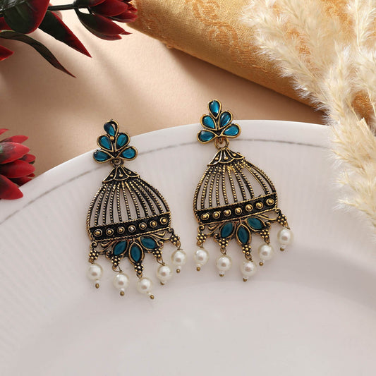 Turquse Blue Color Oxidised Earrings With Boho-Inspired Silver Work For Trendy Look