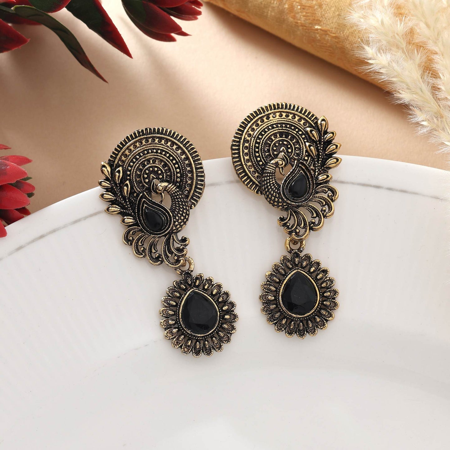 Black Color Oxidised Earrings With Artistic Handmade Patterns For Classic Appeal