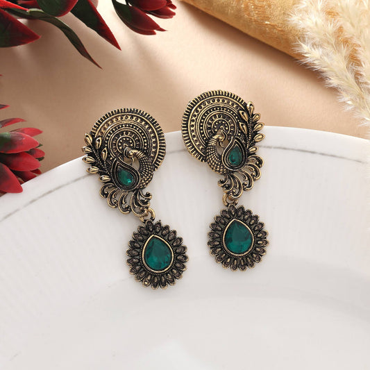 Green Color Oxidised Earrings With Artistic Design Perfect For Cultural Wear