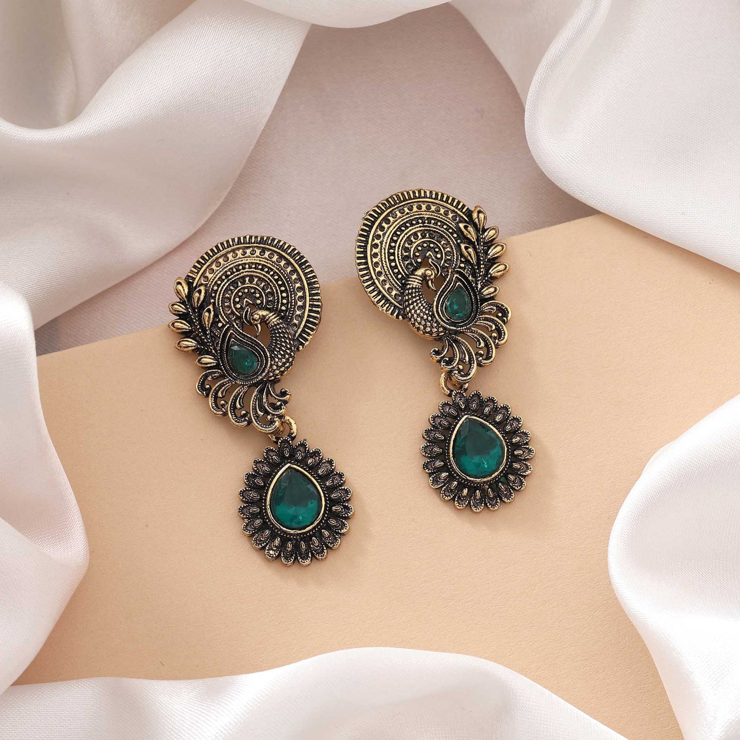 Green Color Oxidised Earrings With Artistic Design Perfect For Cultural Wear