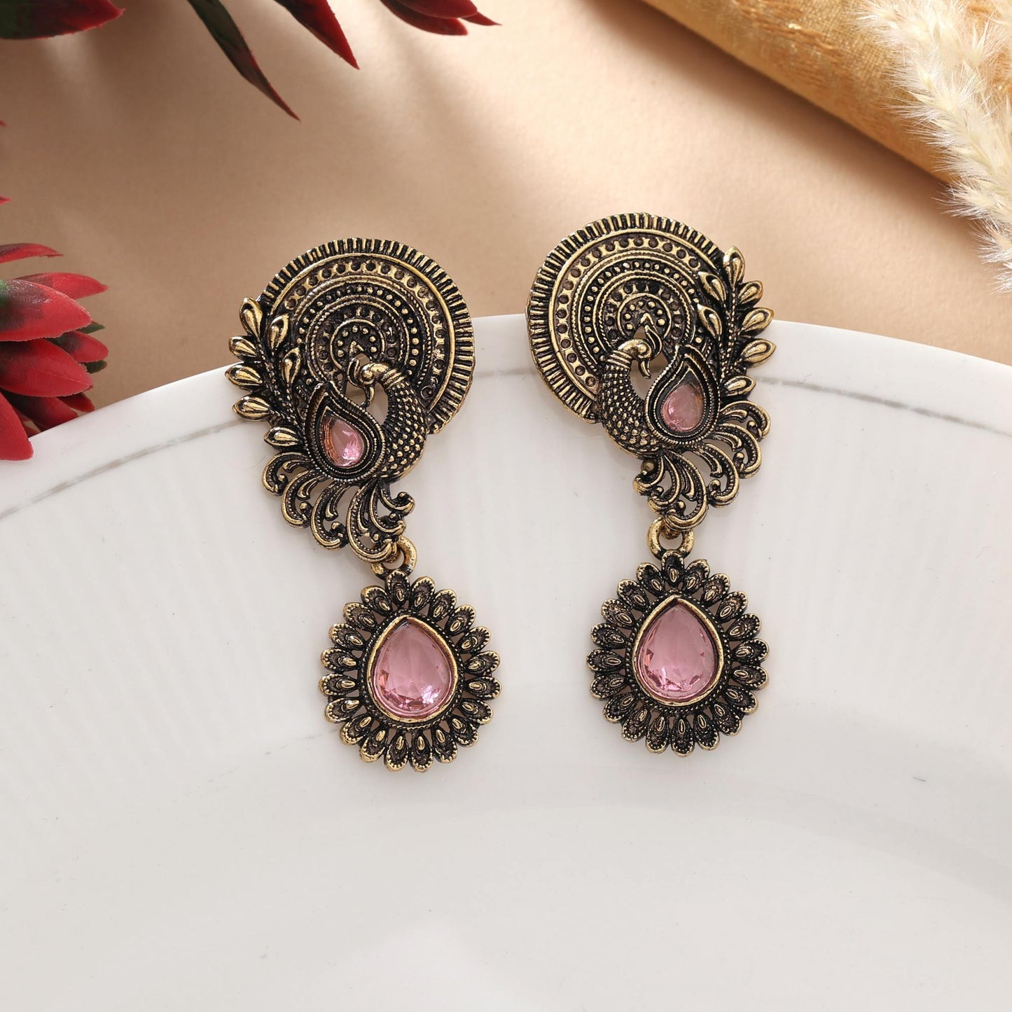 Pink Color Oxidised Earrings With Beaded Detailing Perfect For Indian Outfits