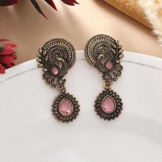 Pink Color Oxidised Earrings With Beaded Detailing Perfect For Indian Outfits