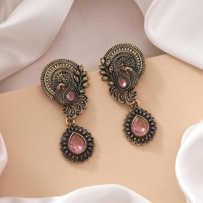 Pink Color Oxidised Earrings With Beaded Detailing Perfect For Indian Outfits
