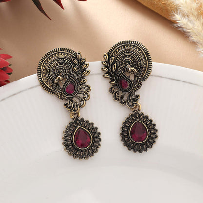 Purple Color Oxidised Earrings With Stylish Engraved Design And Ethnic Look