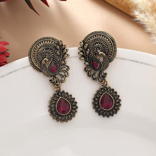 Purple Color Oxidised Earrings With Stylish Engraved Design And Ethnic Look