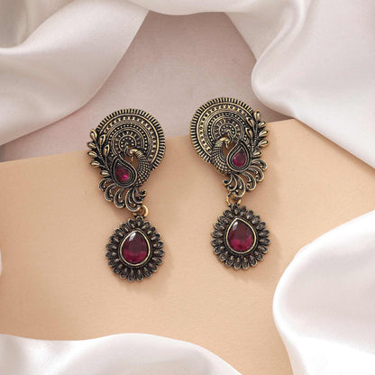Purple Color Oxidised Earrings With Stylish Engraved Design And Ethnic Look