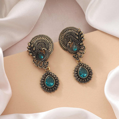 Rama Green Color Oxidised Earrings With Silver Work For Cultural Fashion Lovers
