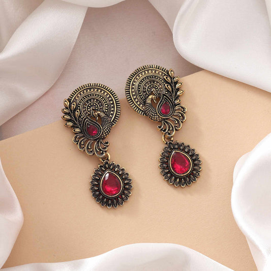 Rani Color Oxidised Earrings With Silver Base And Traditional Charm