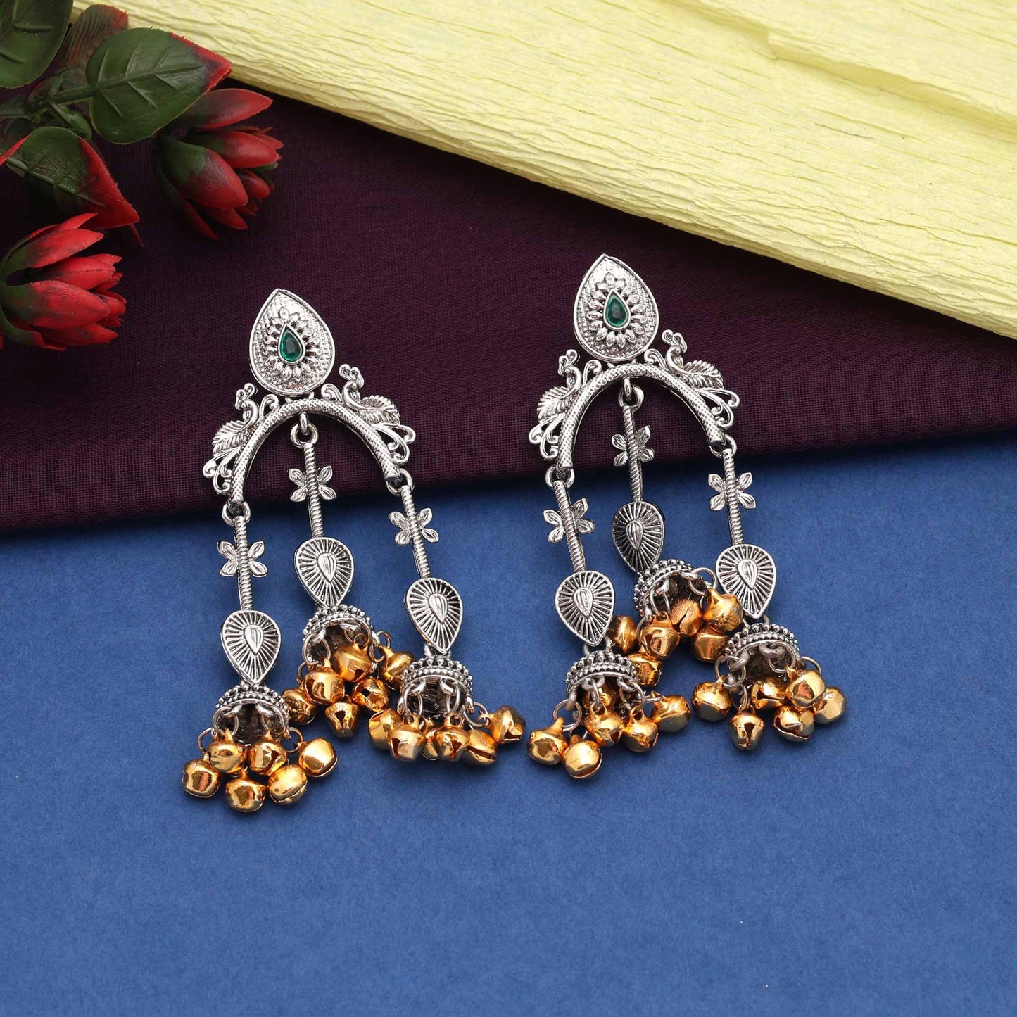 Green Color Beautiful Ethnic Finish Oidised Earrings For Elegant Indian Outfits