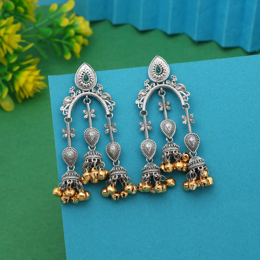 Green Color Beautiful Ethnic Finish Oidised Earrings For Elegant Indian Outfits