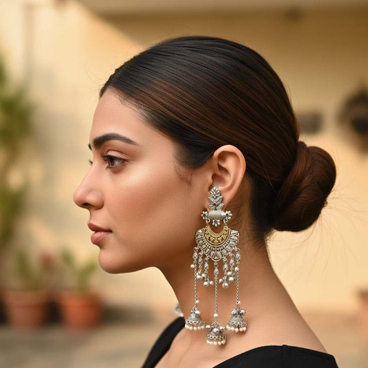 Gold & Silver Color Oxidised Earrings Crafted In Elegant Dual-Tone Design For Festive Beauty