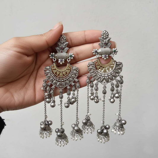 Gold & Silver Color Oxidised Earrings Crafted In Elegant Dual-Tone Design For Festive Beauty