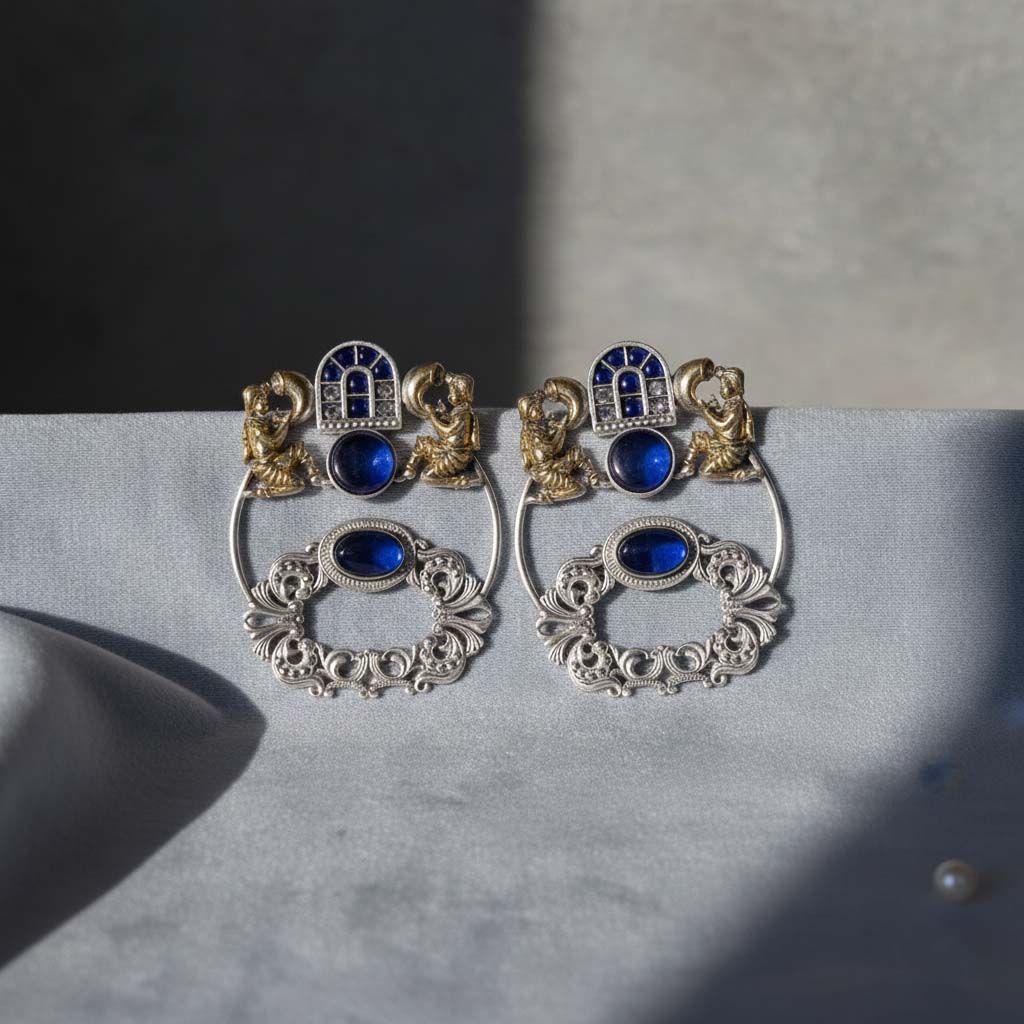 Blue Color Oxidised Earrings Designed With Stunning Dual-Tone Detailing For Bold Festive Fashion