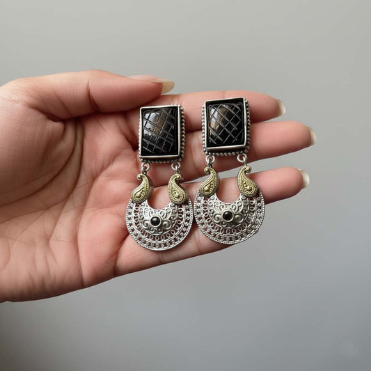 Black Color Oxidised Earrings Featuring Antique Dual-Tone Craftsmanship For Timeless Ethnic Elegance