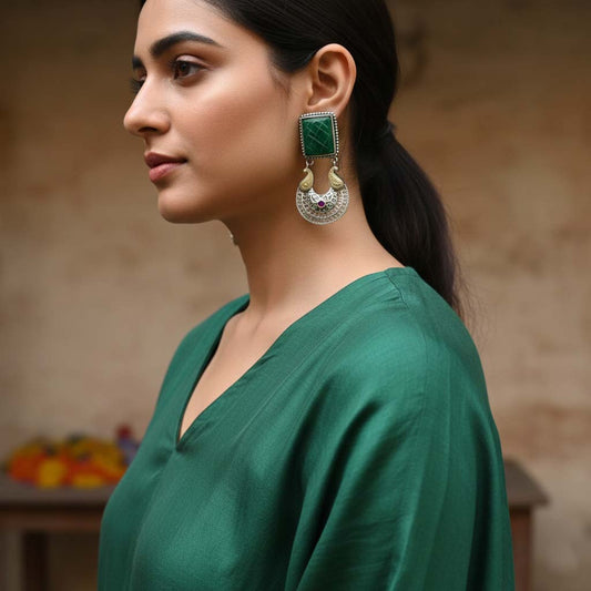 Green Color Oxidised Earrings Created With Dual-Tone Textures To Elevate Cultural Celebration Outfits