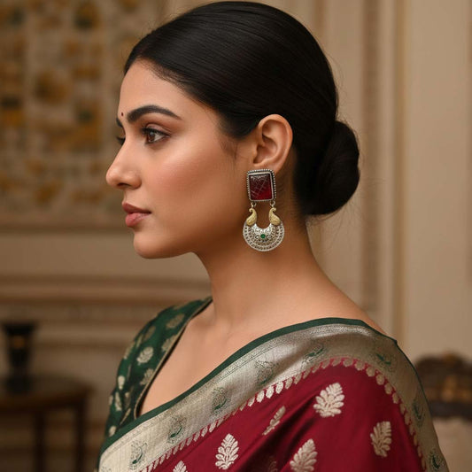 Maroon Color Oxidised Earrings Offering Beautiful Dual-Tone Accents Ideal For Ethnic Statement Looks