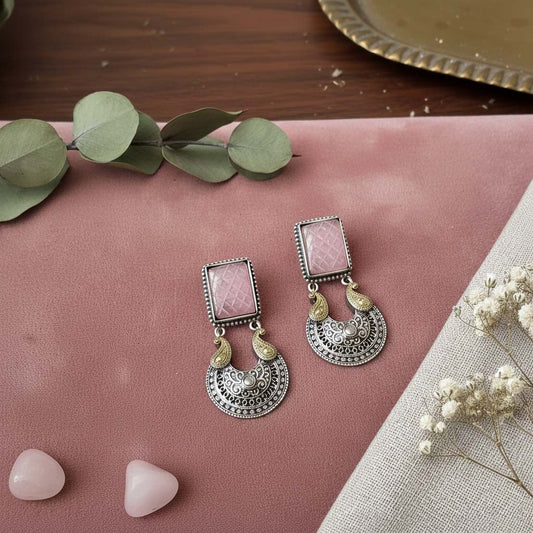 Pink Color Oxidised Earrings Showcasing Dual-Tone Shine Perfect For Weddings And Festive Occasions