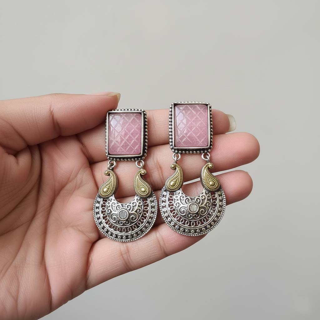Pink Color Oxidised Earrings Showcasing Dual-Tone Shine Perfect For Weddings And Festive Occasions