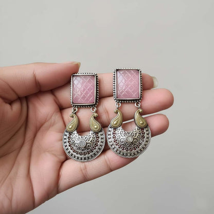 Pink Color Oxidised Earrings Showcasing Dual-Tone Shine Perfect For Weddings And Festive Occasions