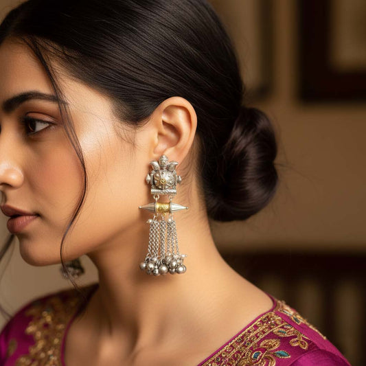 Gold & Silver Color Oxidised Earrings Showing Luxurious Dual-Tone Artistry Ideal For Celebrations