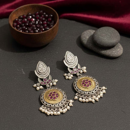Pink Color Oxidised Earrings Made With Distinctive Dual-Tone Detailing For Charming Festive Appeal