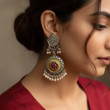 Pink Color Oxidised Earrings Made With Distinctive Dual-Tone Detailing For Charming Festive Appeal | FEMNARI
