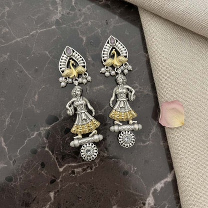 Gold & Silver Color Oxidised Earrings Combining Dual-Tone Metalwork To Enhance Ceremonial Attire