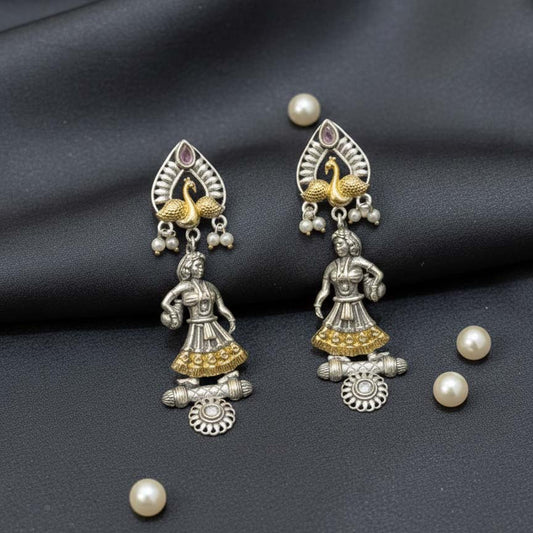 Gold & Silver Color Oxidised Earrings Combining Dual-Tone Metalwork To Enhance Ceremonial Attire