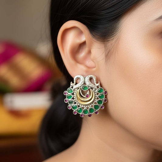 Green Color Oxidised Earrings Displaying Elegant Dual-Tone Contrast Perfect For Festive Gatherings