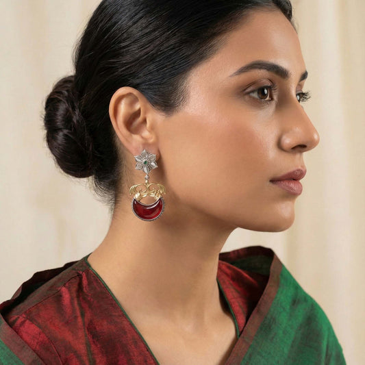 Maroon Color Oxidised Earrings Featuring Dual-Tone Artistry For Sophisticated Cultural Celebrations