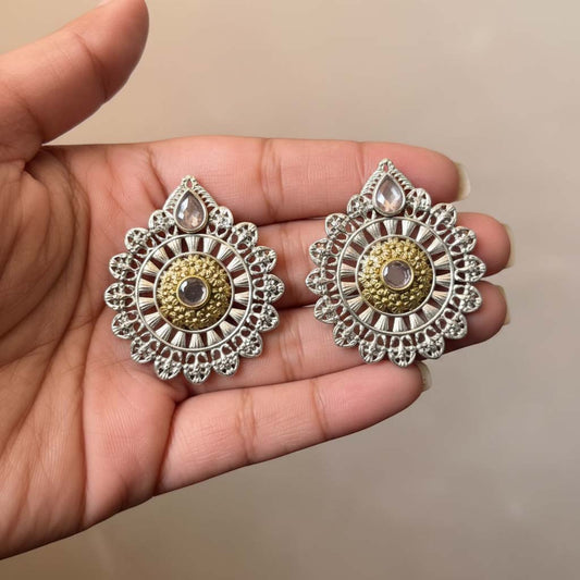 Gold & Silver Color Oxidised Earrings Delivering Dual-Tone Appeal For Festive And Wedding Attire