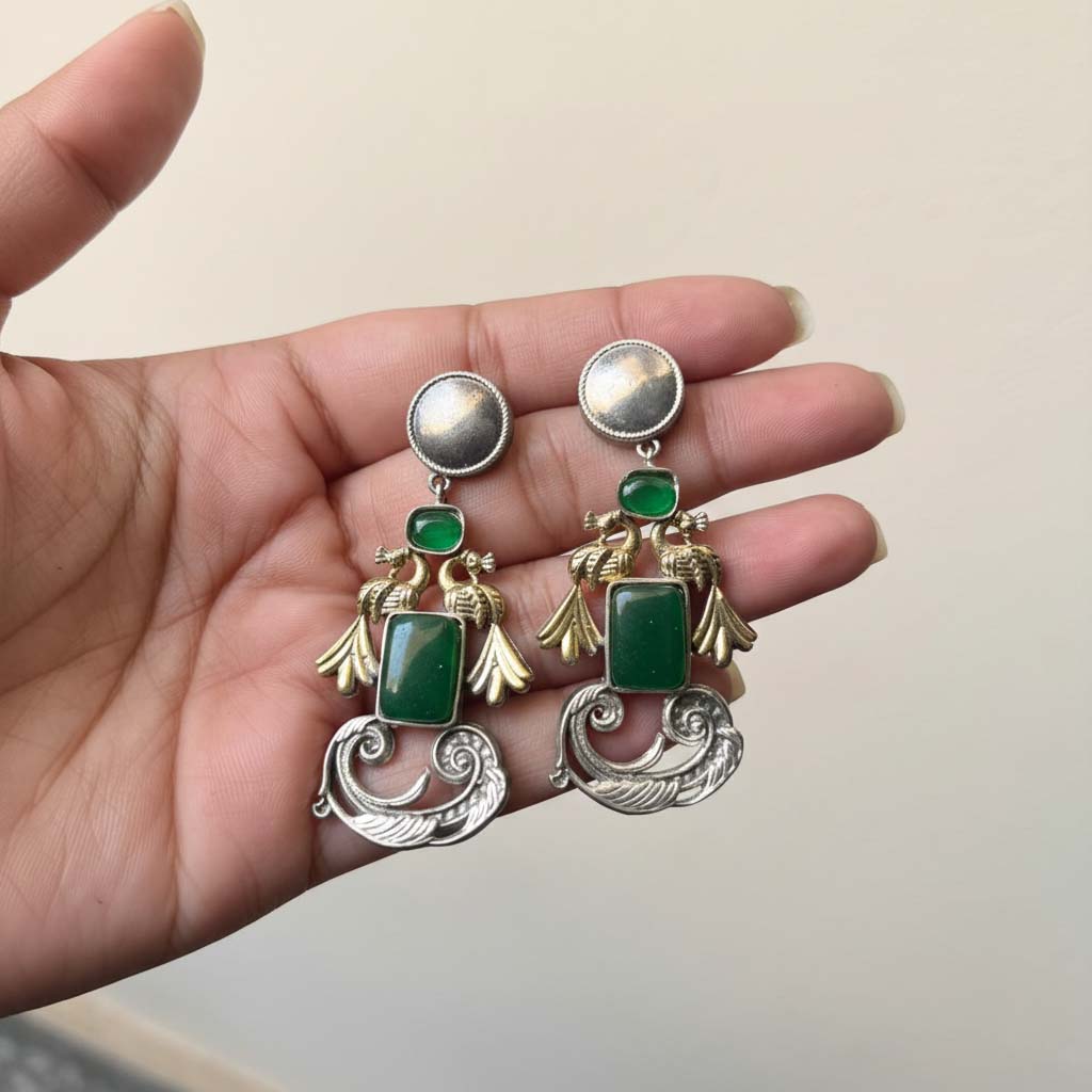 Green Color Oxidised Earrings Made In Dual-Tone Artistry Perfect For Cultural Celebration Outfits