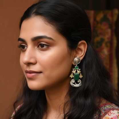 Green Color Oxidised Earrings Made In Dual-Tone Artistry Perfect For Cultural Celebration Outfits