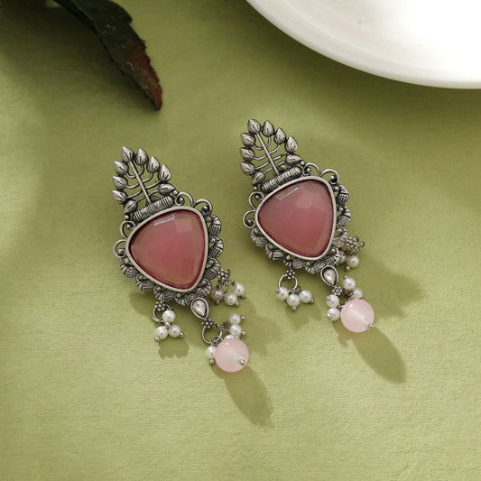 Pink Color Oxidised Earrings Stylish Ethnic Antique Jewelry For Daily Wear