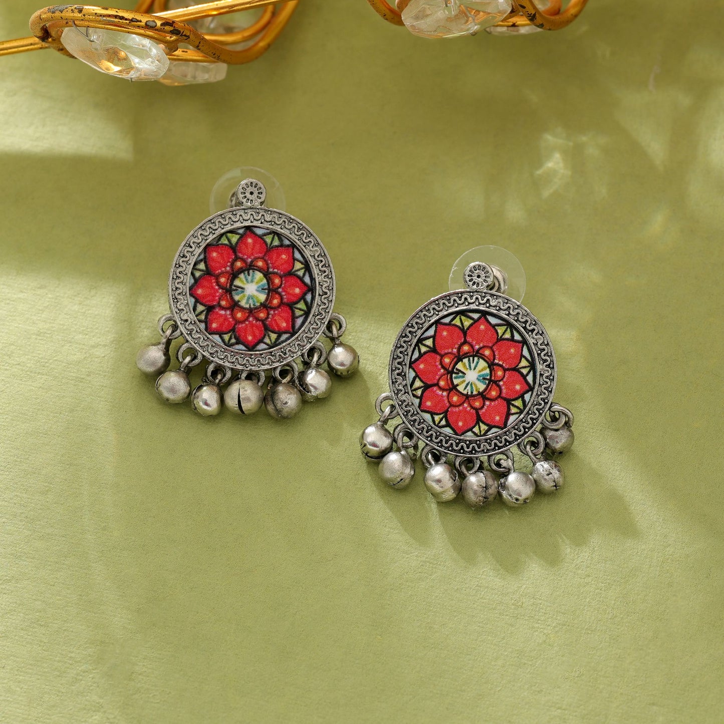Orange Color Meena Work Oxidised Earrings Traditional Festive Statement Jewelry