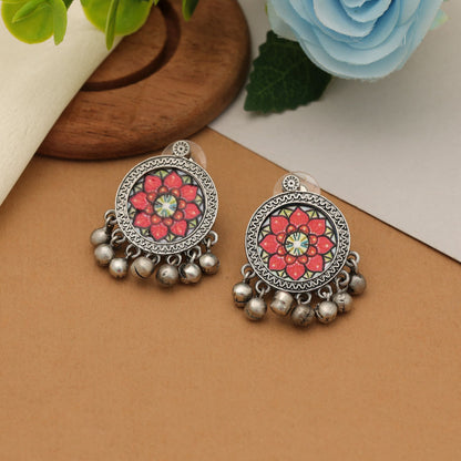 Orange Color Meena Work Oxidised Earrings Traditional Festive Statement Jewelry