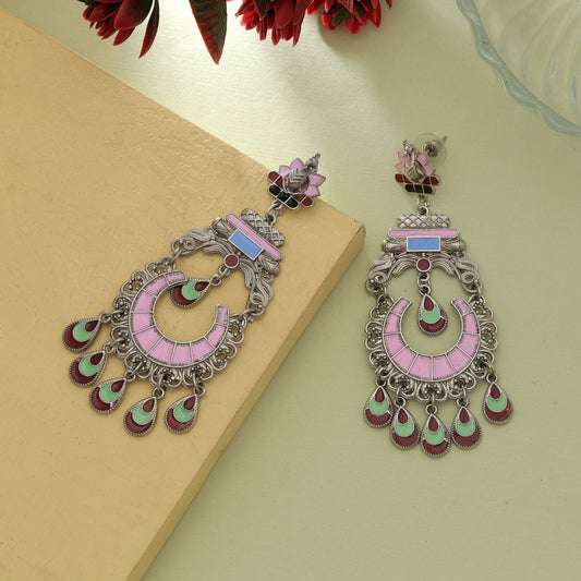 Pink Color Meena Work Oxidised Earrings Designer Traditional Jewelry Collection