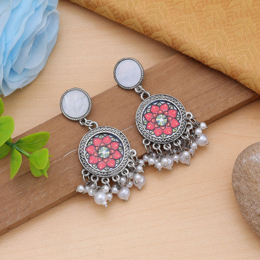 Orangefarbene oxidierte Ohrringe, trendige traditionelle festliche ethnische Schmuckkollektion
