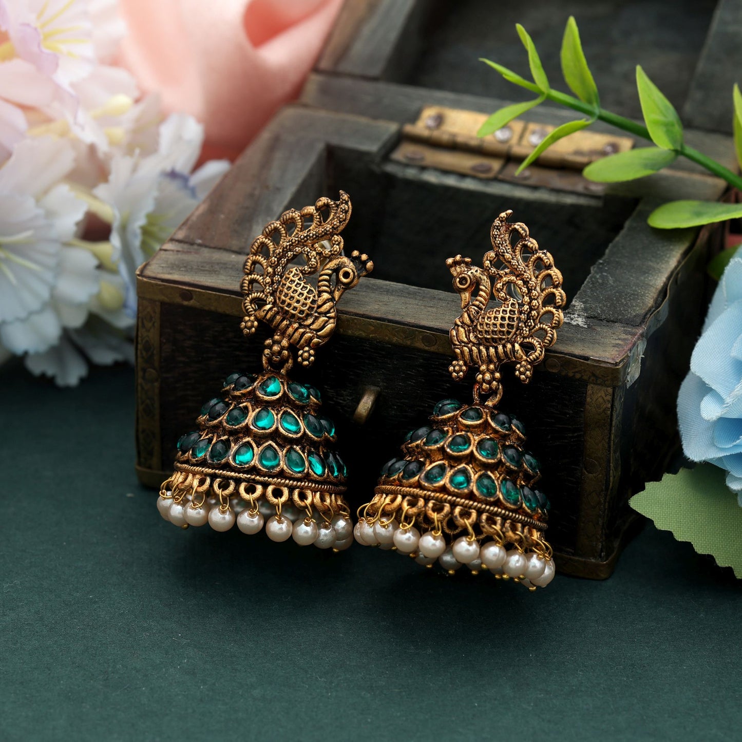 Beautiful Green Color Oxidised Earrings With Elegant Tribal Inspired Ethnic Detailing