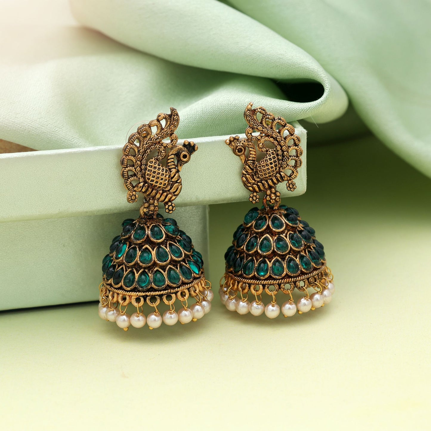 Beautiful Green Color Oxidised Earrings With Elegant Tribal Inspired Ethnic Detailing